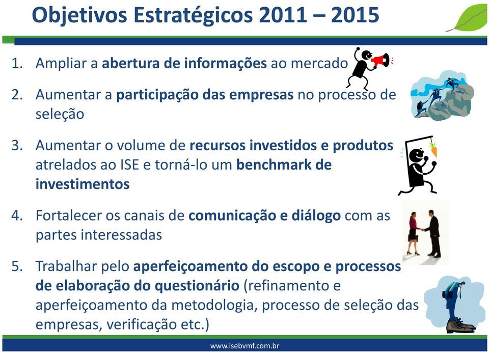 Aumentar o volume de recursos investidos e produtos atrelados ao ISE e torná-lo um benchmark de investimentos 4.