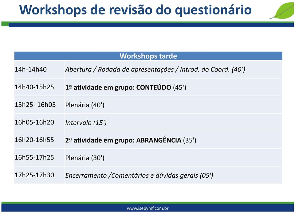 (40 ) 14h40-15h25 1ª atividade em grupo: CONTEÚDO (45') 15h25-16h05 Plenária (40')