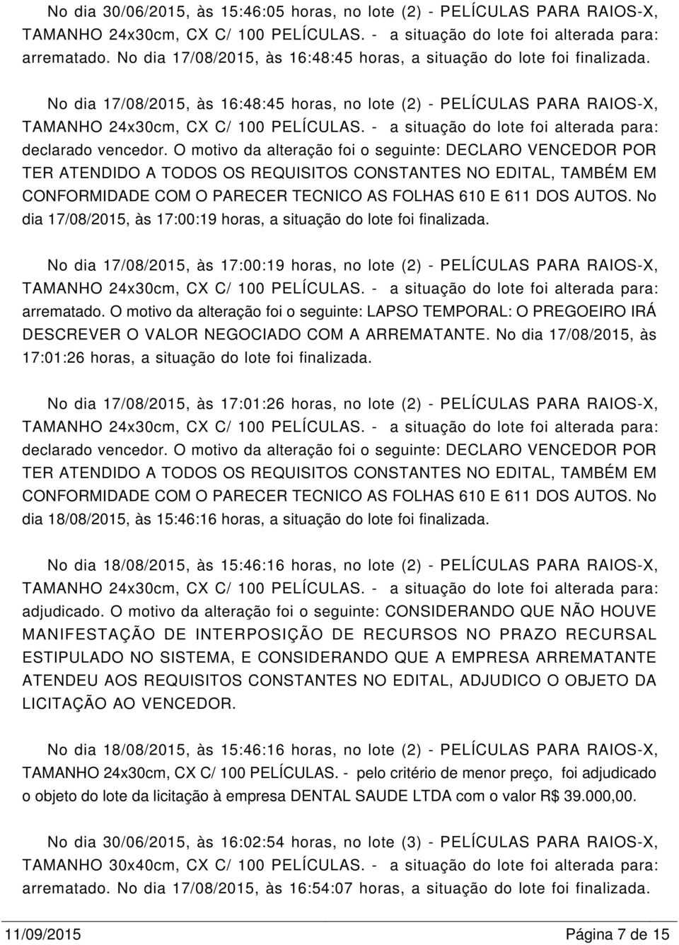 - a situação do lote foi alterada para: declarado vencedor.