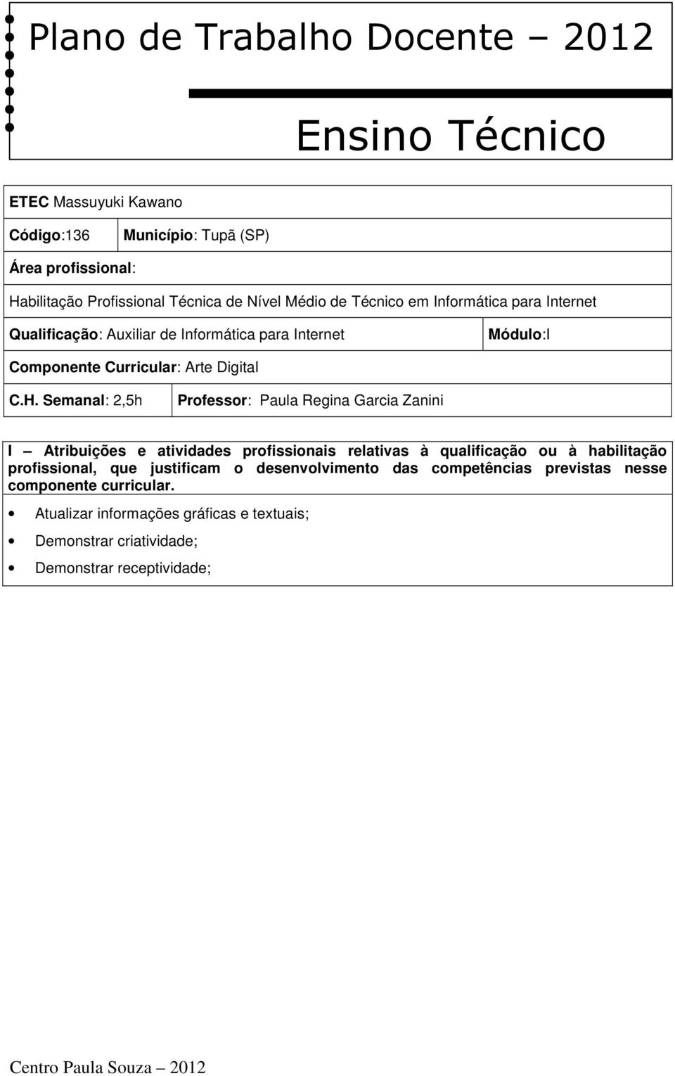 Semanal: 2,5h Professor: Paula Regina Garcia Zanini I Atribuições e atividades profissionais relativas à qualificação ou à habilitação profissional, que