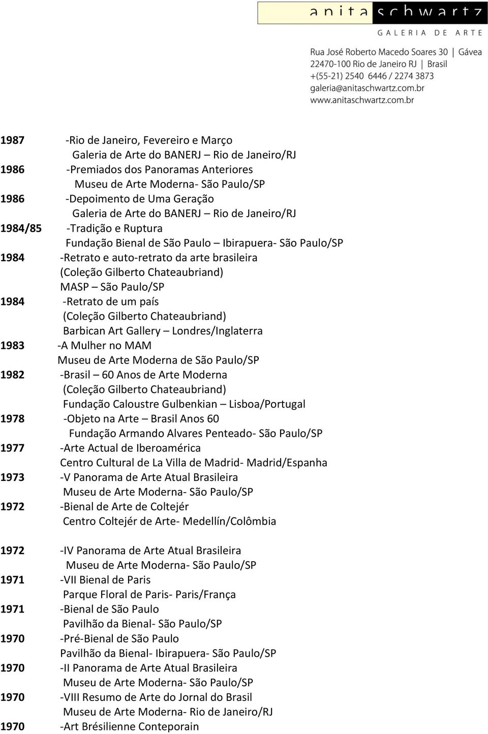 Gallery Londres/Inglaterra 1983 -A Mulher no MAM Museu de Arte Moderna de São Paulo/SP 1982 -Brasil 60 Anos de Arte Moderna Fundação Caloustre Gulbenkian Lisboa/Portugal 1978 -Objeto na Arte Brasil