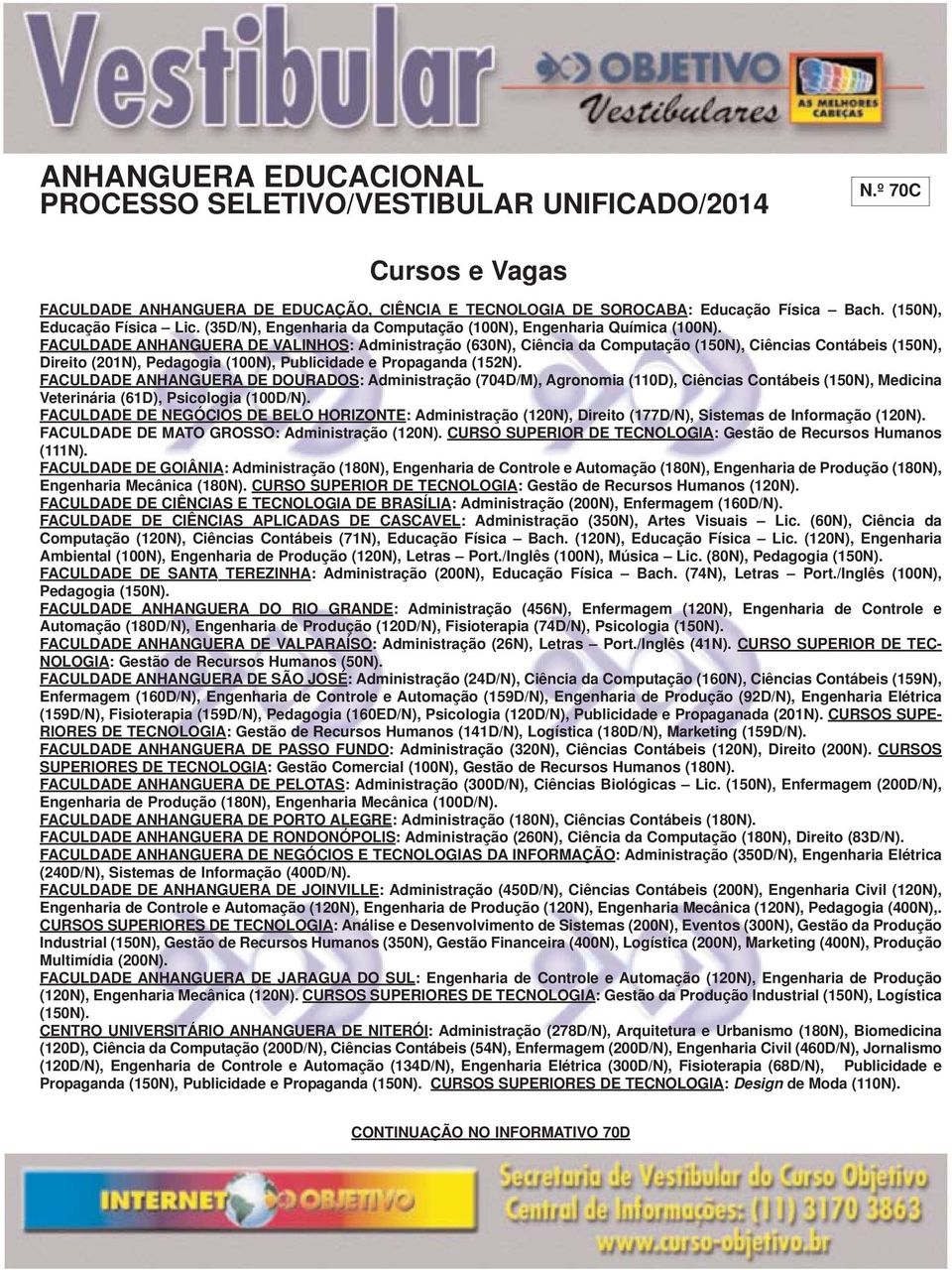 FACULDADE ANHANGUERA DE DOURADOS: Administração (704D/M), Agronomia (110D), Ciências Contábeis (150N), Medicina Veterinária (61D), Psicologia (100D/N).