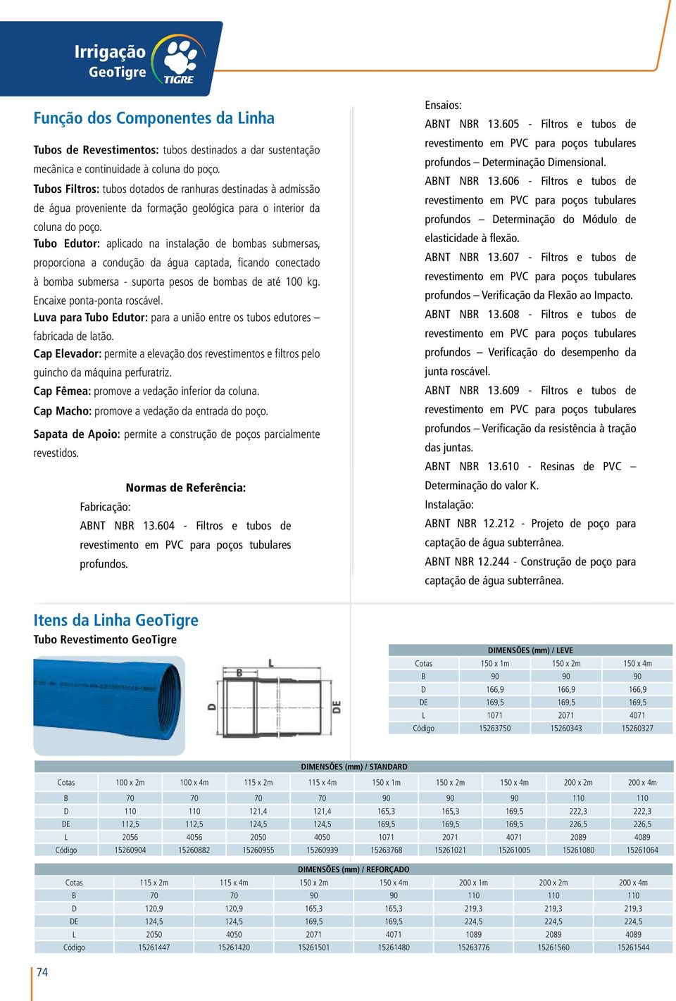 Tubo Edutor: aplicado na instalação de bombas submersas, proporciona a condução da água captada, ficando conectado à bomba submersa - suporta pesos de bombas de até 100 kg.