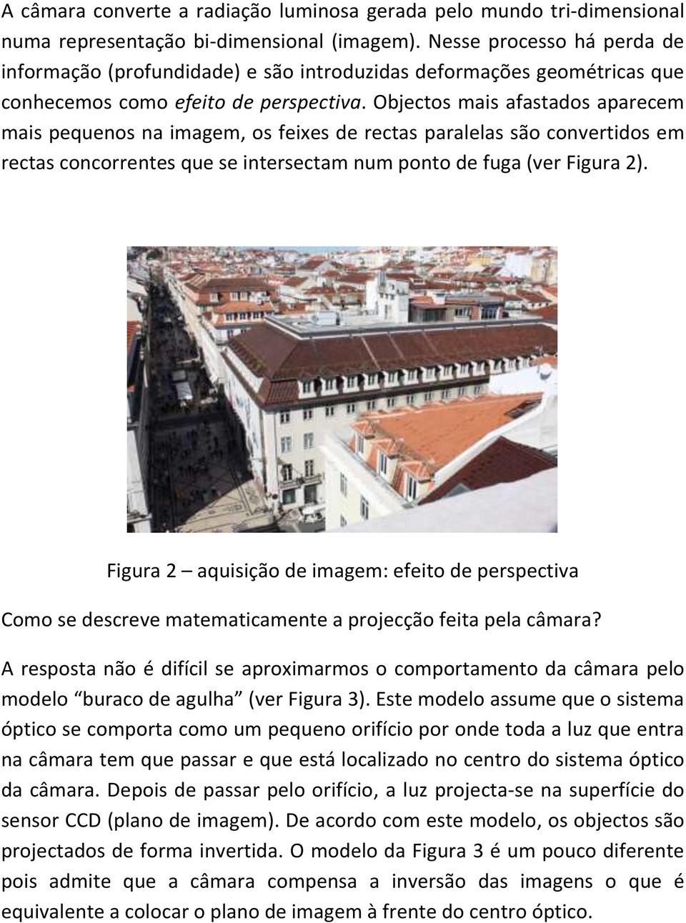 Objectos mais afastados aparecem mais pequenos na imagem, os feixes de rectas paralelas são convertidos em rectas concorrentes que se intersectam num ponto de fuga (ver Figura 2).