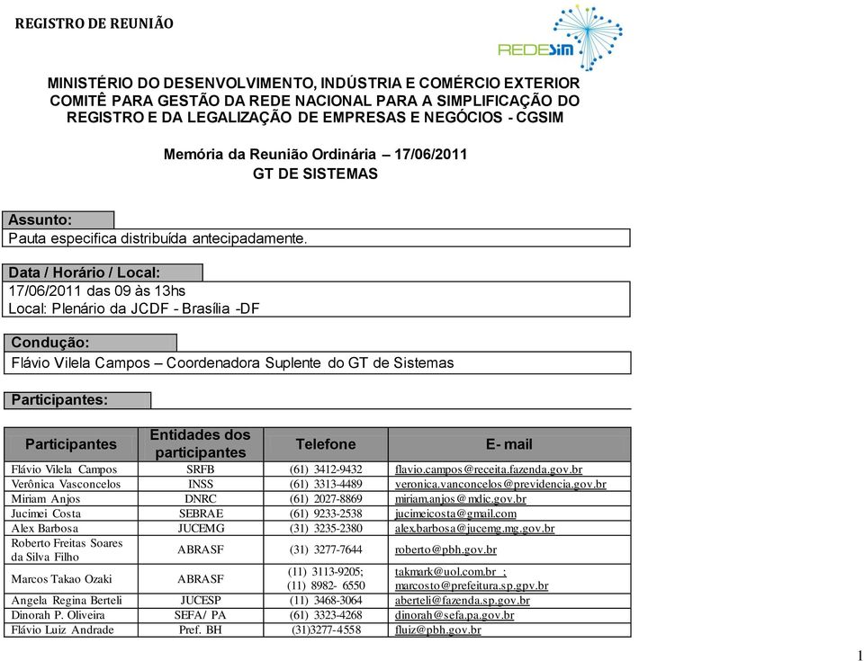 Data / Horário / Local: 17/06/2011 das 09 às 13hs Local: Plenário da JCDF - Brasília -DF Condução: Flávio Vilela Campos Coordenadora Suplente do GT de Sistemas Participantes: Participantes Entidades