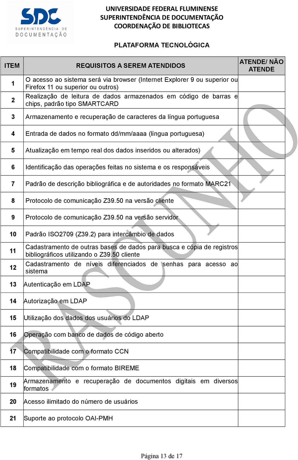 dos dados inseridos ou alterados) 6 Identificação das operações feitas no sistema e os responsáveis 7 Padrão de descrição bibliográfica e de autoridades no formato MARC21 8 Protocolo de comunicação