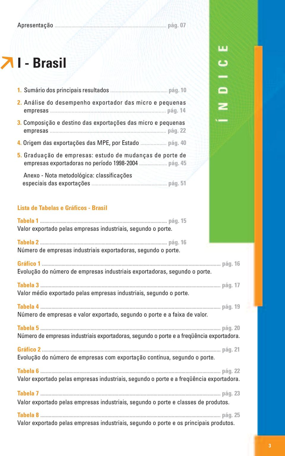 Graduação de empresas: estudo de mudanças de porte de empresas exportadoras no período 1998-2004... pág. 45 Anexo - Nota metodológica: classificações especiais das exportações... pág. 51 Lista de Tabelas e Gráficos - Brasil Tabela 1.