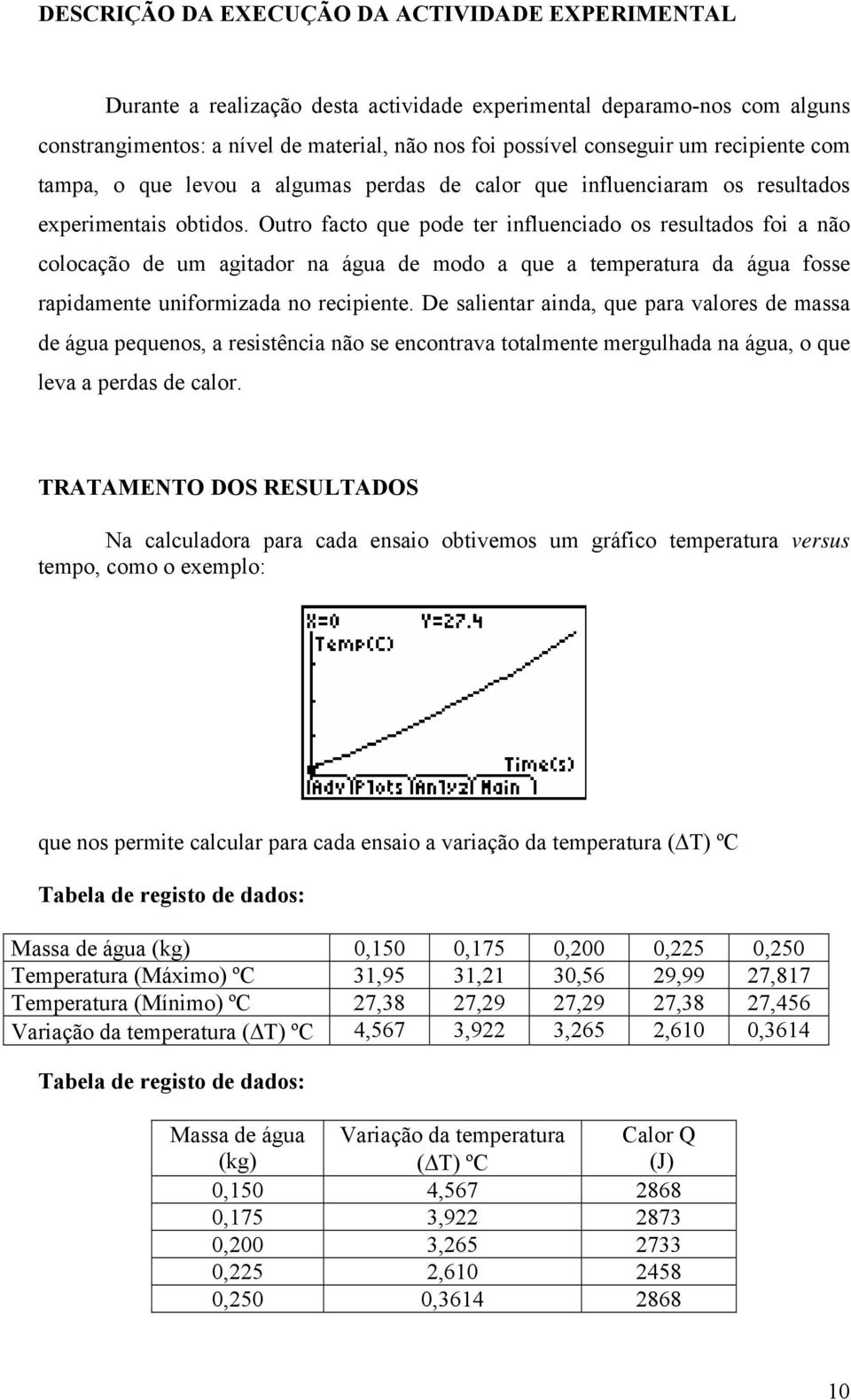 Outro facto que pode ter influenciado os resultados foi a não colocação de um agitador na água de modo a que a temperatura da água fosse rapidamente uniformizada no recipiente.