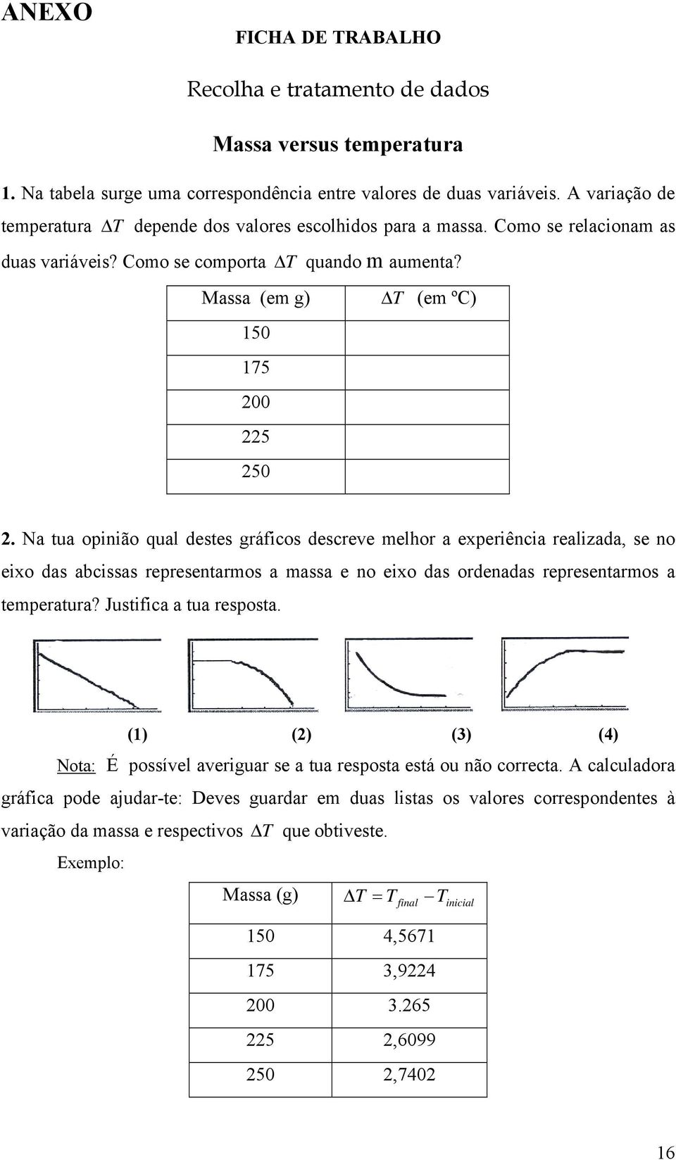 Na tua opinião qual destes gráficos descreve melhor a experiência realizada, se no eixo das abcissas representarmos a massa e no eixo das ordenadas representarmos a temperatura?