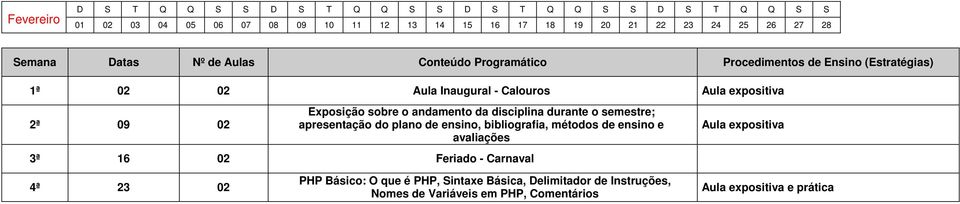 semestre; apresentação do plano de ensino, bibliografia, métodos de ensino e avaliações Aula expositiva 3ª 16 02 Feriado - Carnaval