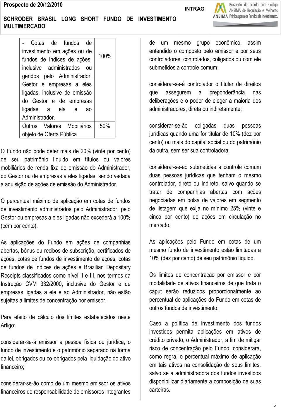 Outros Valores Mobiliários objeto de Oferta Pública 100% 50% O Fundo não pode deter mais de 20% (vinte por cento) de seu patrimônio líquido em títulos ou valores mobiliários de renda fixa de emissão