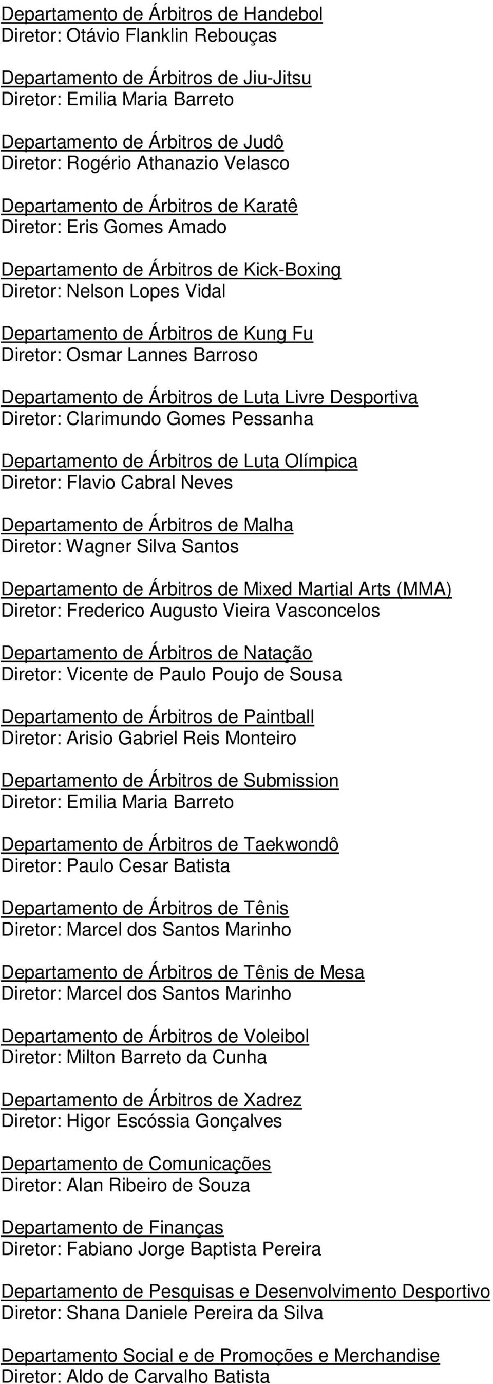 Barroso Departamento de Árbitros de Luta Livre Desportiva Diretor: Clarimundo Gomes Pessanha Departamento de Árbitros de Luta Olímpica Diretor: Flavio Cabral Neves Departamento de Árbitros de Malha