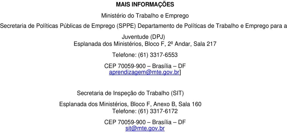 Telefone: (61) 3317-6553 CEP 70059-900 Brasília DF aprendizagem@mte.gov.