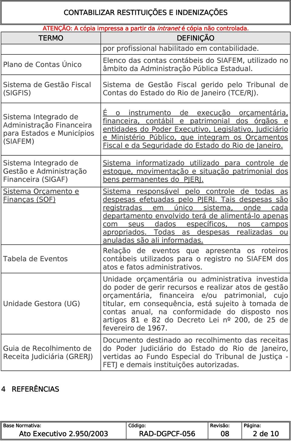 Finanças (SOF) Tabela de Eventos Unidade Gestora (UG) Guia de Recolhimento de Receita Judiciária (GRERJ) Sistema de Gestão Fiscal gerido pelo Tribunal de Contas do Estado do Rio de Janeiro (TCE/RJ).