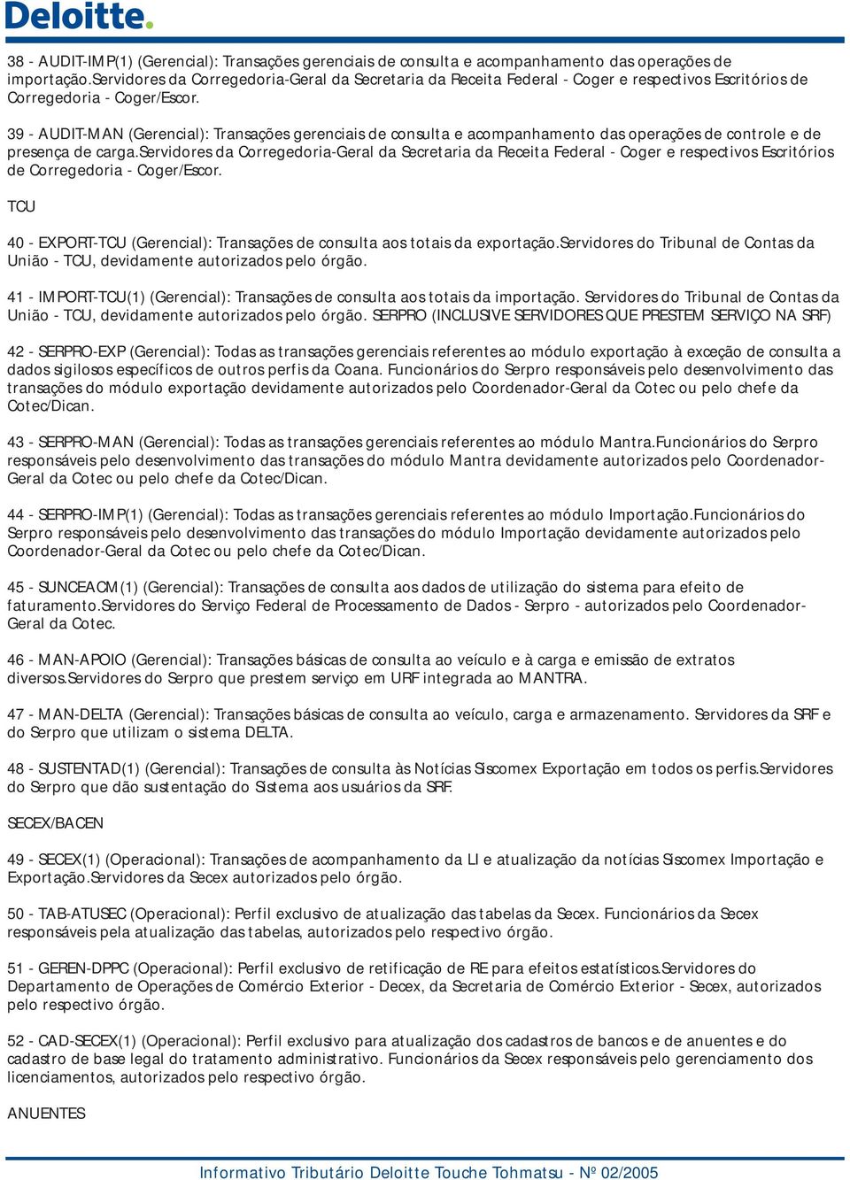 39 - AUDIT-MAN (Gerencial): Transações gerenciais de consulta e acompanhamento das operações de controle e de presença de carga.