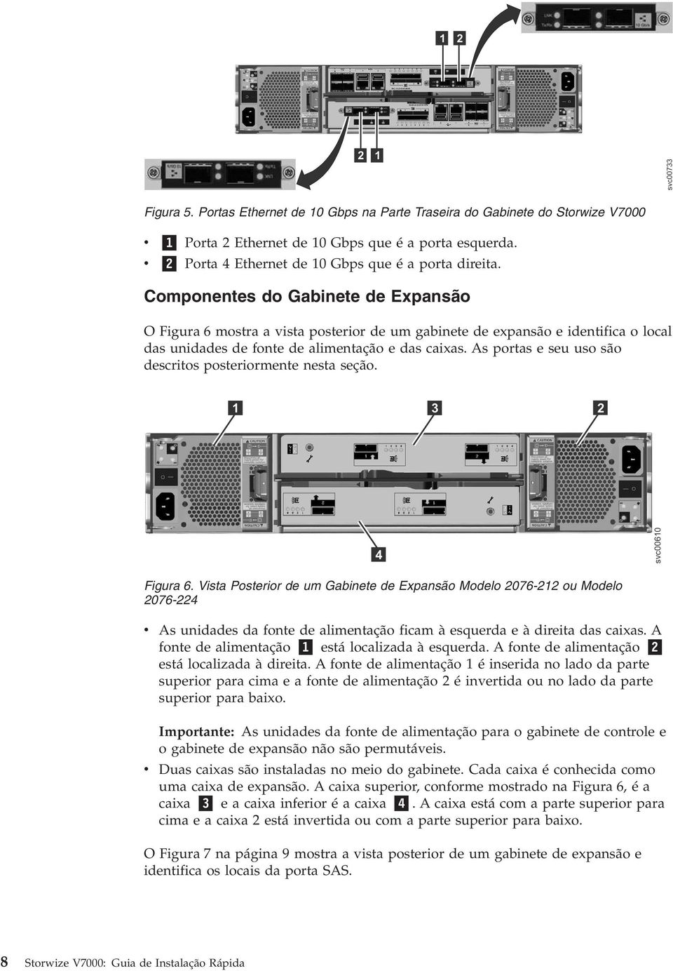 Componentes do Gabinete de Expansão O Figura 6 mostra a vista posterior de um gabinete de expansão e identifica o local das unidades de fonte de alimentação e das caixas.