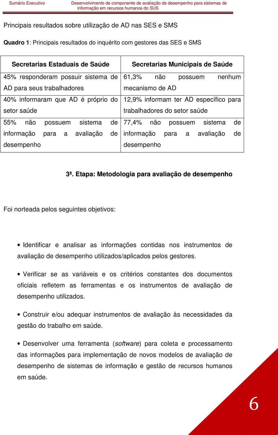 mecanismo de AD 12,9% informam ter AD específico para trabalhadores do setor saúde 77,4% não possuem sistema de informação para a avaliação de desempenho 3ª.