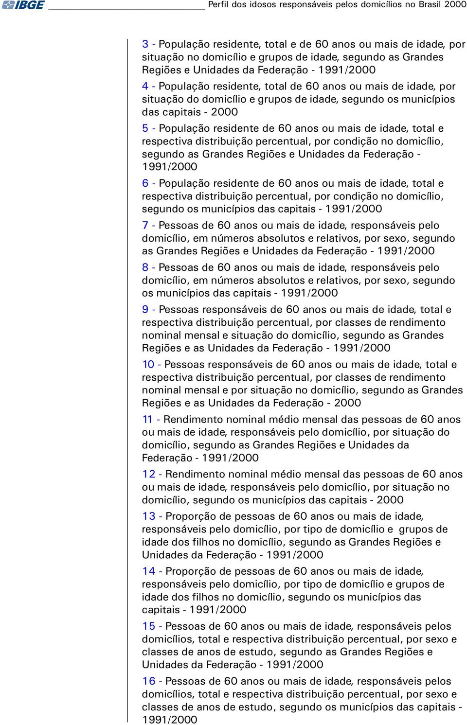 residente de 60 anos ou mais de idade, total e respectiva distribuição percentual, por condição no domicílio, segundo as Grandes Regiões e Unidades da Federação - 1991/2000 6 - População residente de