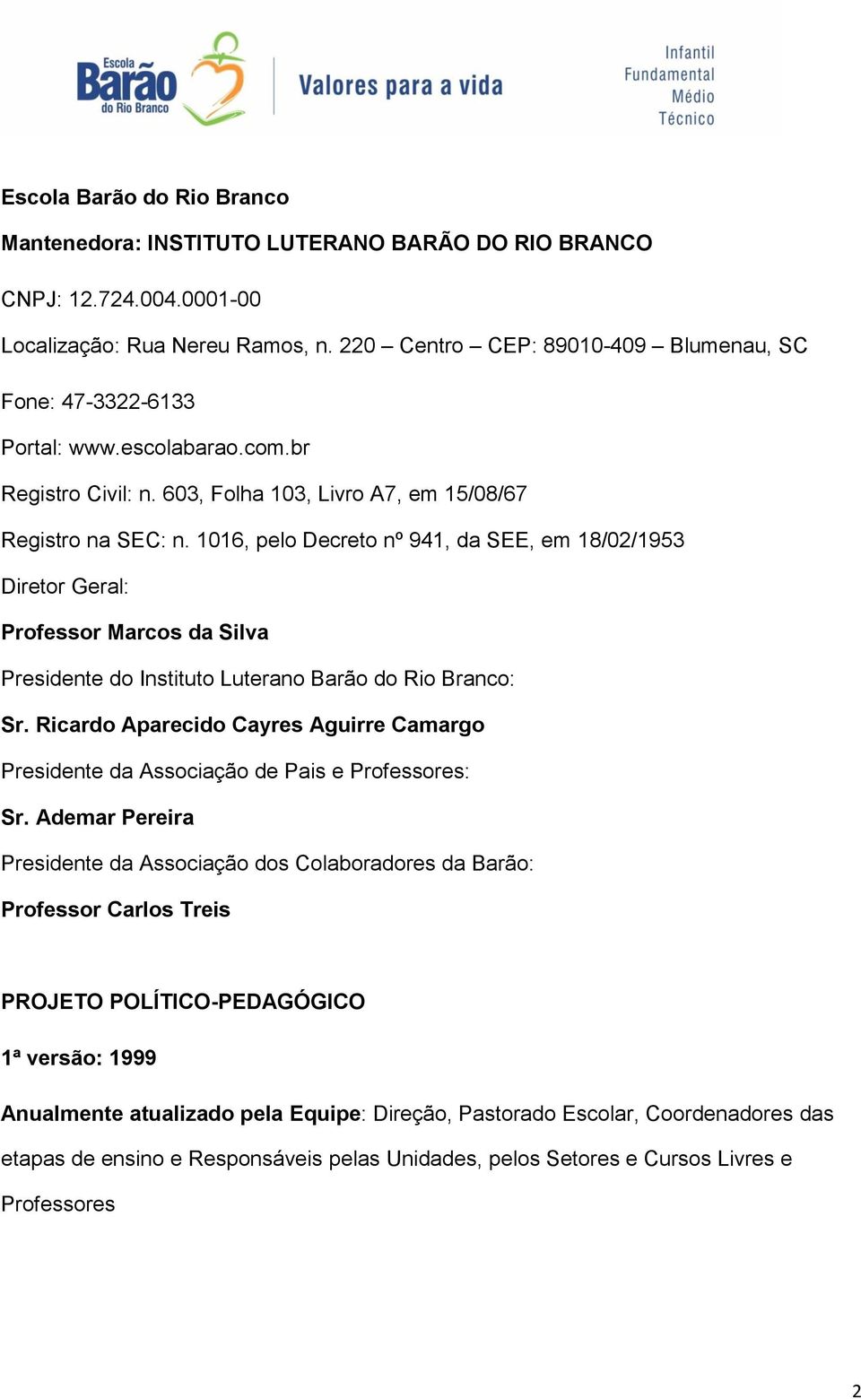 1016, pelo Decreto nº 941, da SEE, em 18/02/1953 Diretor Geral: Professor Marcos da Silva Presidente do Instituto Luterano Barão do Rio Branco: Sr.