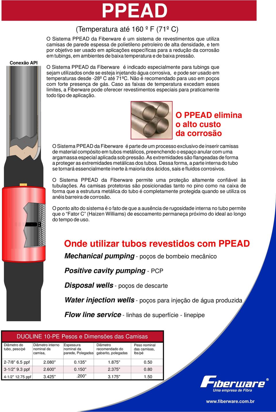 O Sistema PPEAD da Fiberware é indicado especialmente para tubings que sejam utilizados onde se esteja injetando água corrosiva, e pode ser usado em temperaturas desde -28º C até 71ºC.