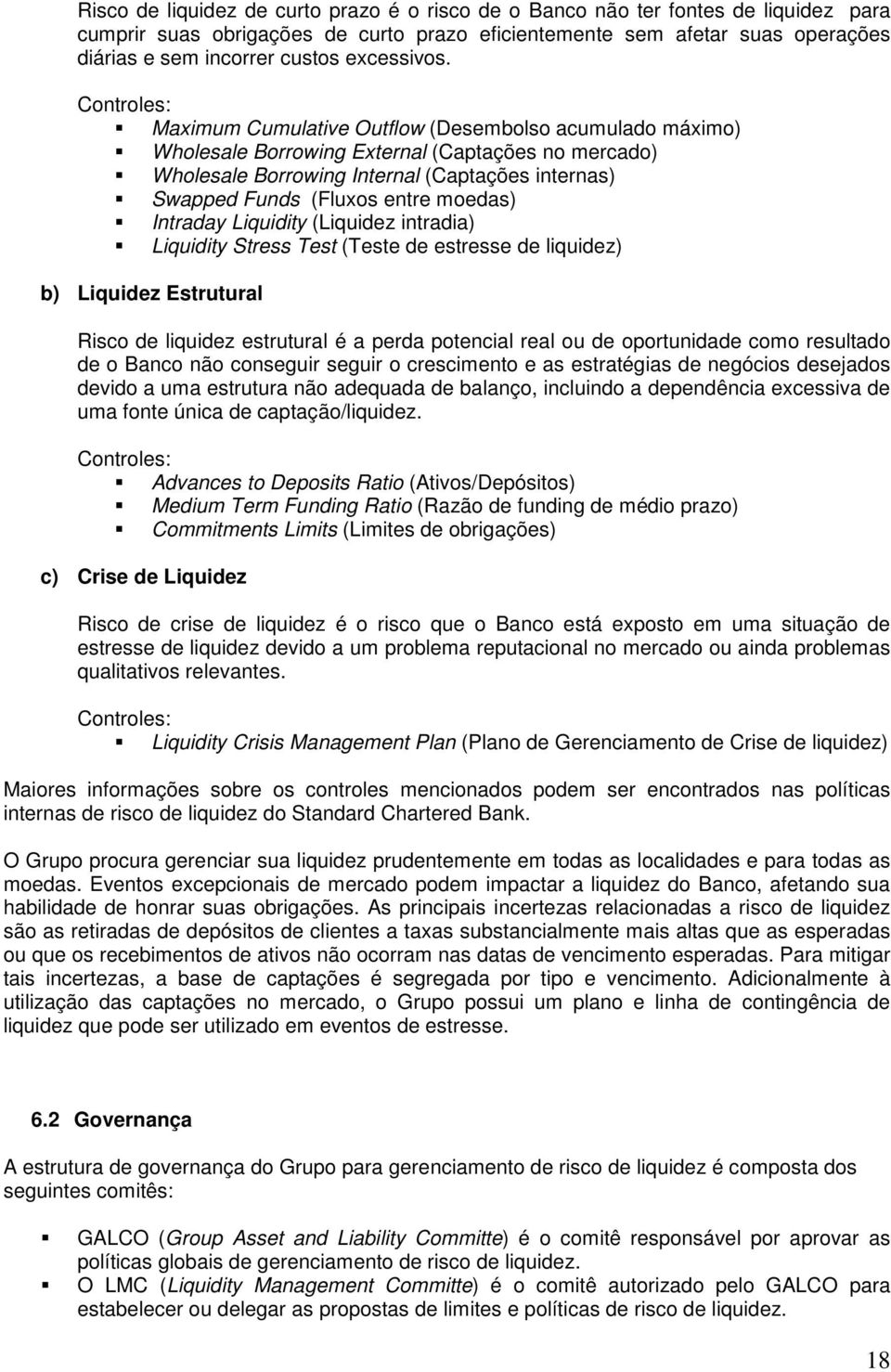 Controles: Maximum Cumulative Outflow (Desembolso acumulado máximo) Wholesale Borrowing External (Captações no mercado) Wholesale Borrowing Internal (Captações internas) Swapped Funds (Fluxos entre