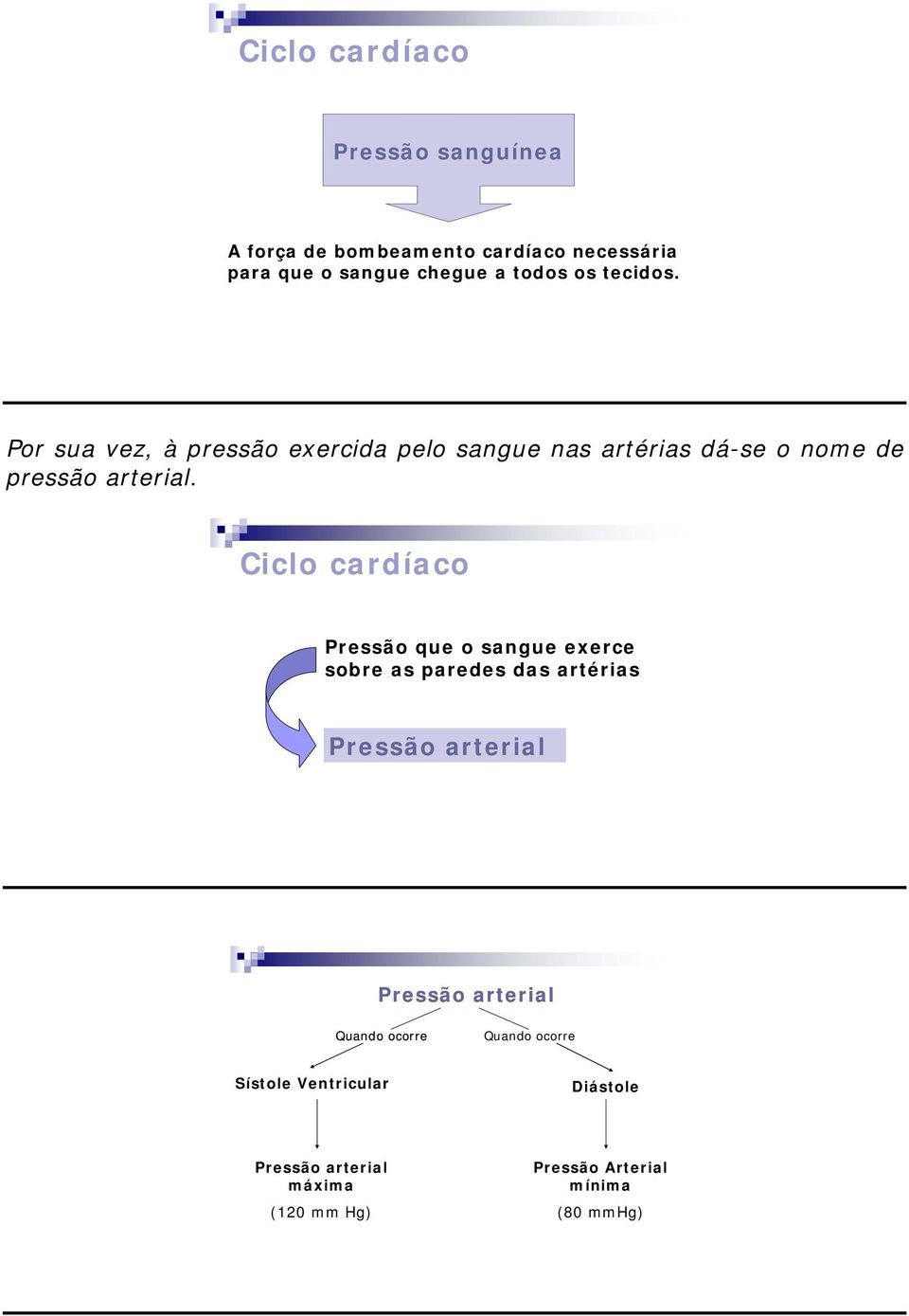 Ciclo cardíaco Pressão que o sangue exerce sobre as paredes das artérias Pressão arterial Pressão arterial