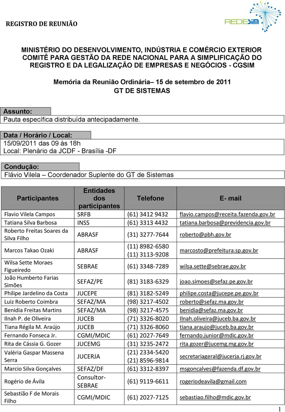 Data / Horário / Local: 15/09/2011 das 09 às 18h Local: Plenário da JCDF - Brasília -DF Condução: Flávio Vilela Coordenador Suplente do GT de Sistemas Participantes Entidades dos Telefone E- mail