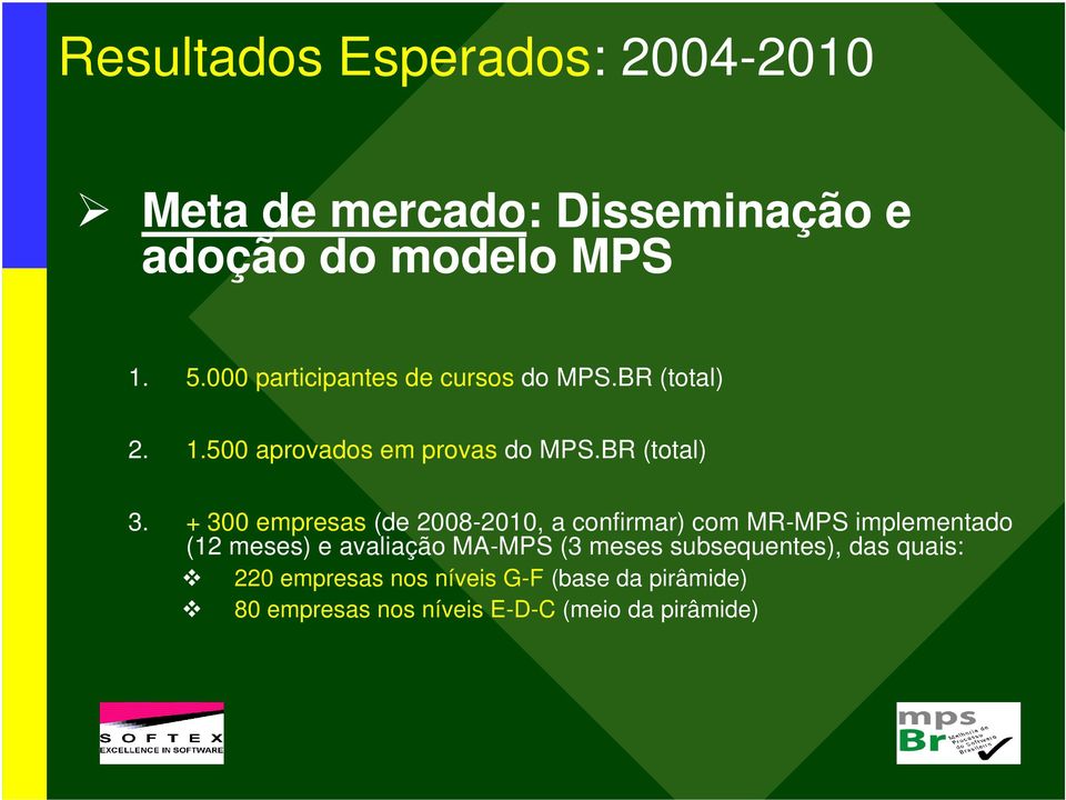 + 300 empresas (de 2008-2010, a confirmar) com MR-MPS implementado (12 meses) e avaliação MA-MPS (3