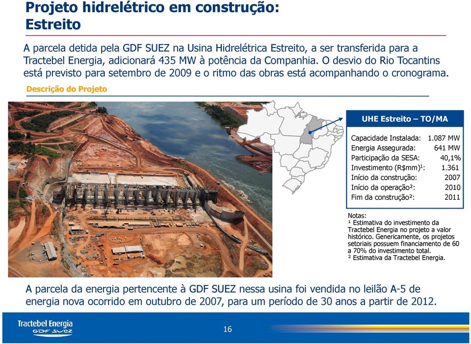 087 MW Energia Assegurada: 641 MW Participação da SESA: 40,1% Investimento (R$mm) 1 : 1.