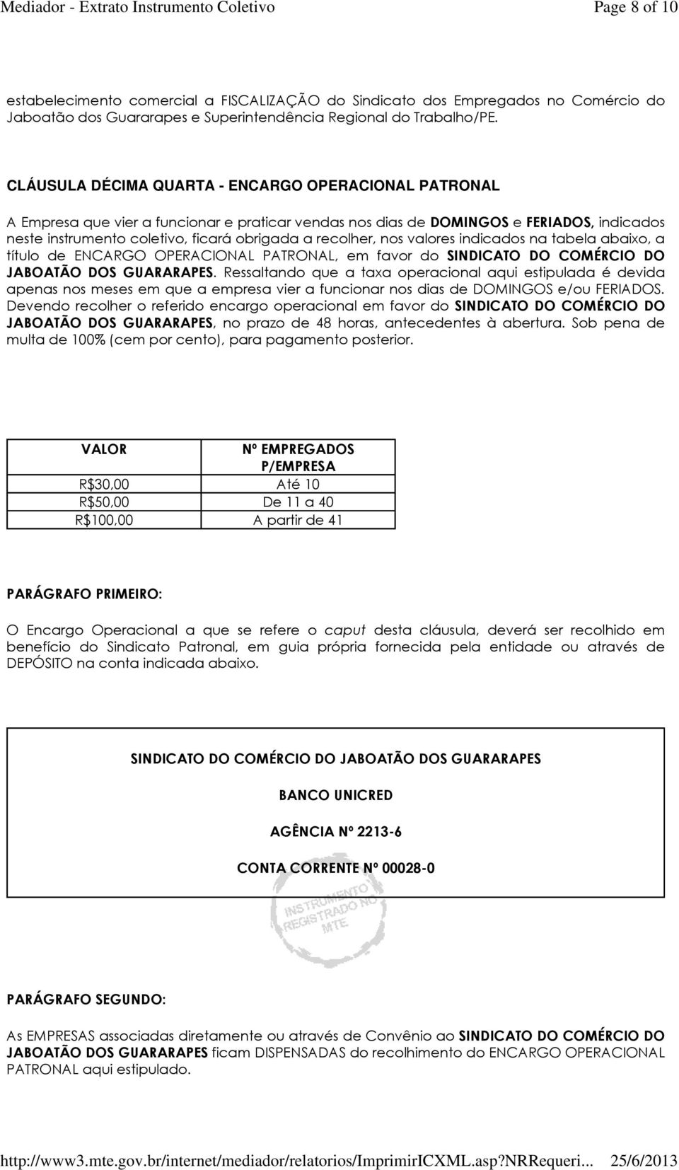 recolher, nos valores indicados na tabela abaixo, a título de ENCARGO OPERACIONAL PATRONAL, em favor do SINDICATO DO COMÉRCIO DO JABOATÃO DOS GUARARAPES.