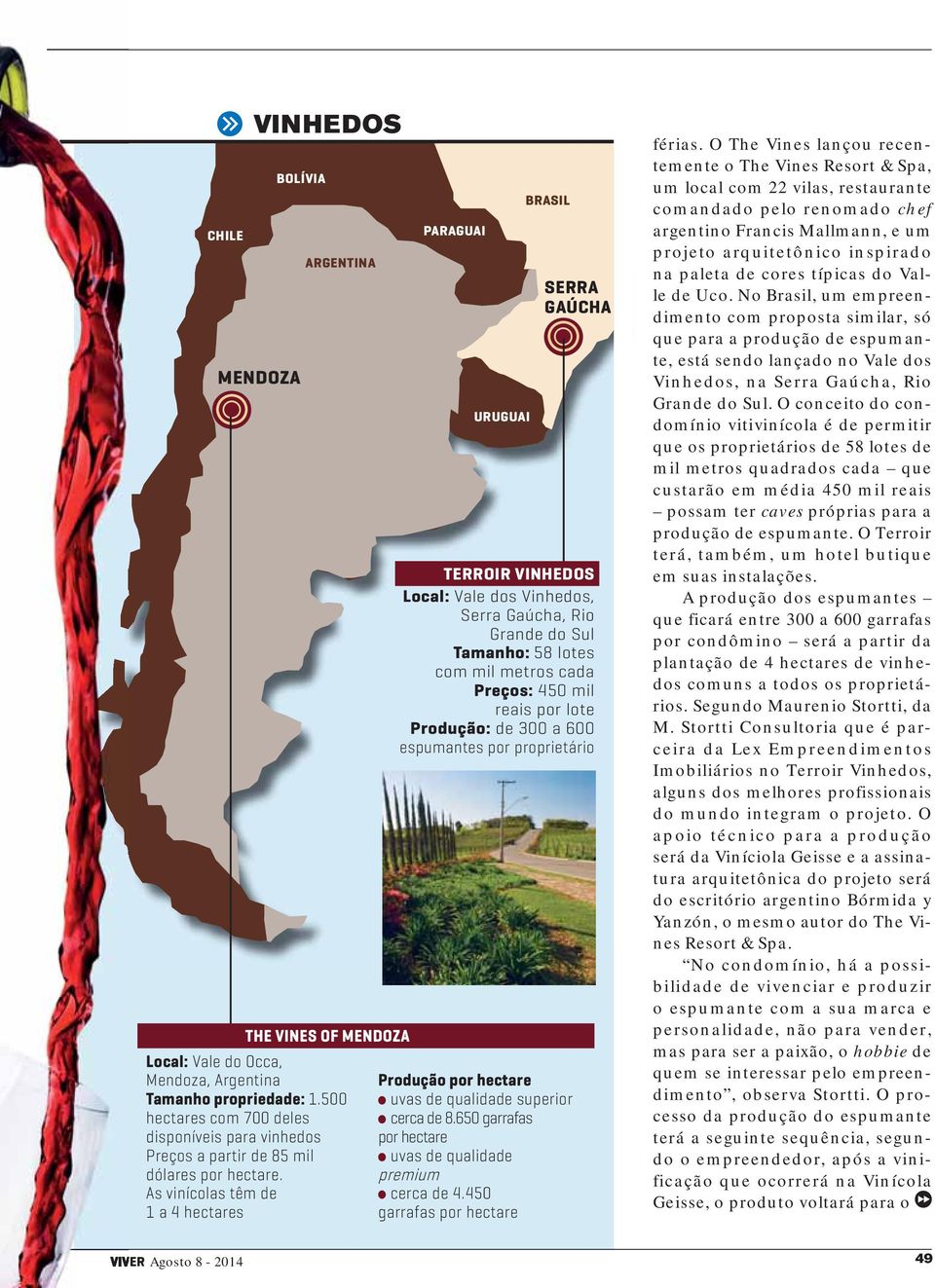 As vinícolas têm de 1 a 4 hectares PARAGUAI URUGUAI BRASIL Produção por hectare uvas de qualidade superior cerca de 8.650 garrafas por hectare uvas de qualidade premium cerca de 4.
