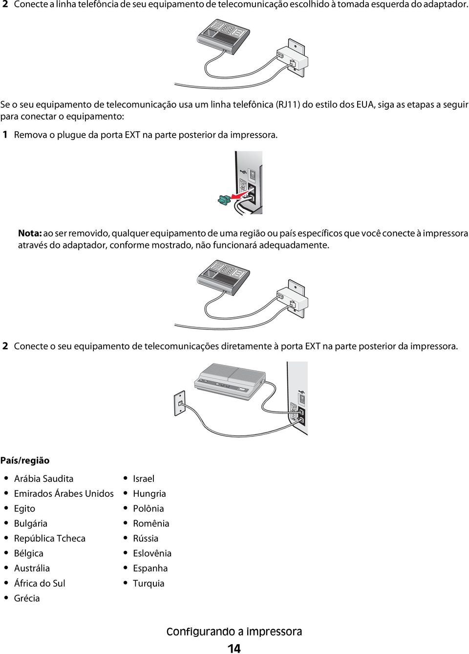 impressora. Nota: ao ser removido, qualquer equipamento de uma região ou país específicos que você conecte à impressora através do adaptador, conforme mostrado, não funcionará adequadamente.