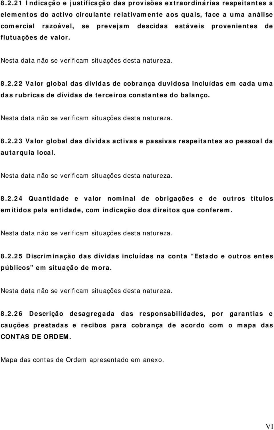 8.2.24 Quantidade e valor nominal de obrigações e de outros títulos emitidos pela entidade, com indicação dos direitos que conferem. 8.2.25 Discriminação das dívidas incluídas na conta Estado e outros entes públicos em situação de mora.