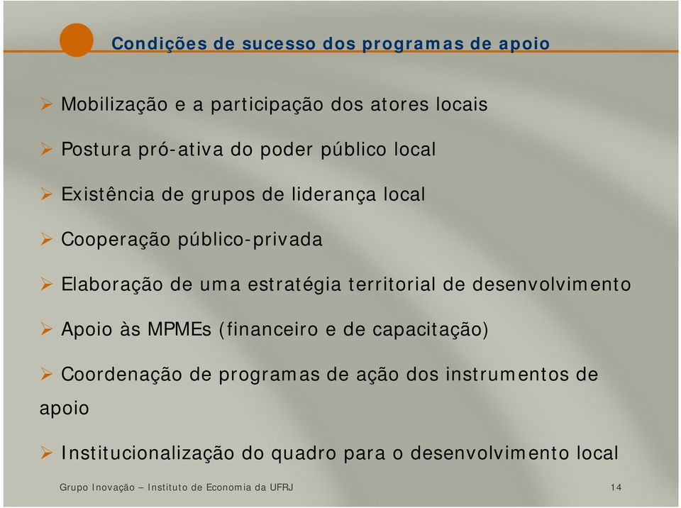 territorial de desenvolvimento Apoio às MPMEs (financeiro e de capacitação) Coordenação de programas de ação dos