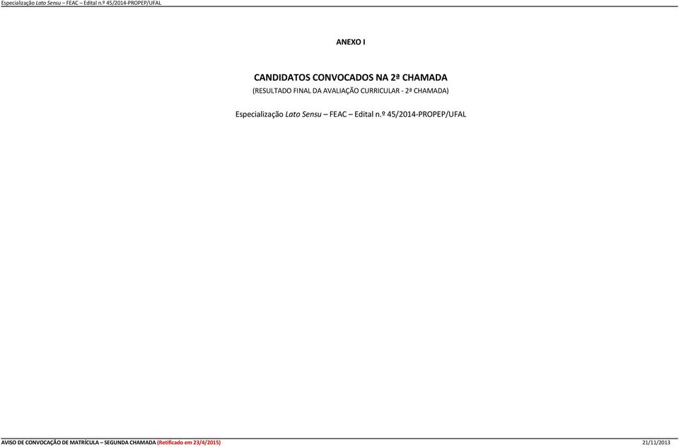 FINAL DA AVALIAÇÃO CURRICULAR - ª CHAMADA) º 45/014-PROPEP/UFAL AVISO DE