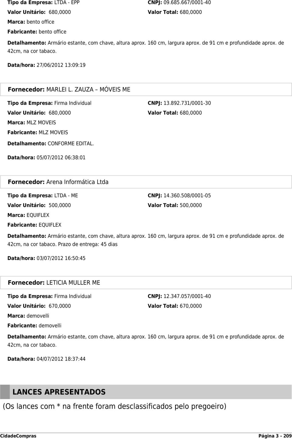 731/0001-30 Valor Unitário: 680,0000 Valor Total: 680,0000 Marca: MLZ MOVEIS Fabricante: MLZ MOVEIS Detalhamento: CONFORME EDITAL.