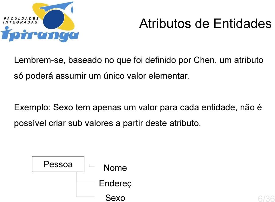 Exemplo: Sexo tem apenas um valor para cada entidade, não é