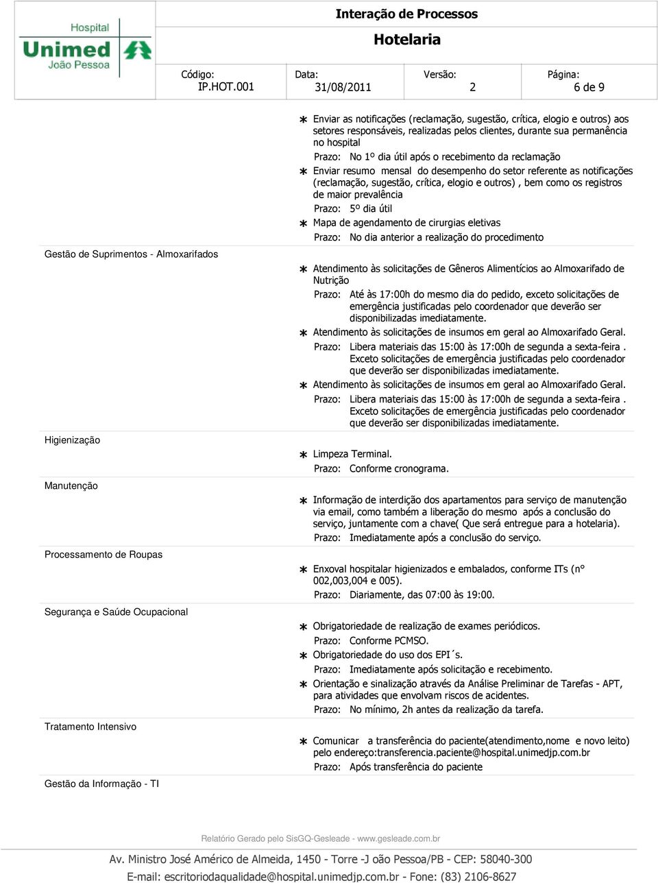 desempenho do setor referente as notificações (reclamação, sugestão, crítica, elogio e outros), bem como os registros de maior prevalência 5º dia útil Mapa de agendamento de cirurgias eletivas No dia