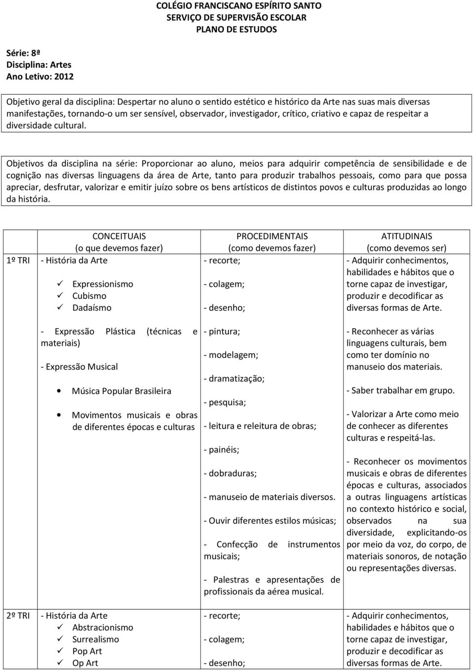 Objetivos da disciplina na série: Proporcionar ao aluno, meios para adquirir competência de sensibilidade e de cognição nas diversas linguagens da área de Arte, tanto para produzir trabalhos