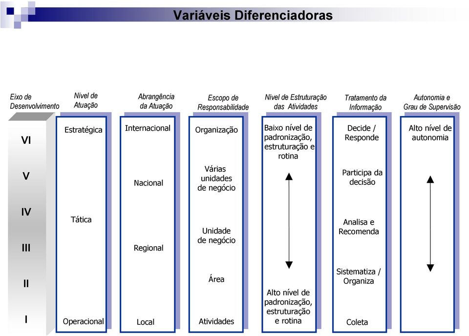 rotina Decide / Responde Alto nível de autonomia V Nacional Várias unidades de negócio Participa da decisão IV III Tática Regional Unidade de negócio