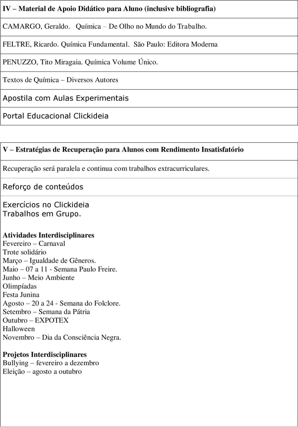 Textos de Química Diversos Autores Apostila com Aulas Experimentais Portal Educacional Clickideia V Estratégias de Recuperação para Alunos com Rendimento Insatisfatório Recuperação será paralela e