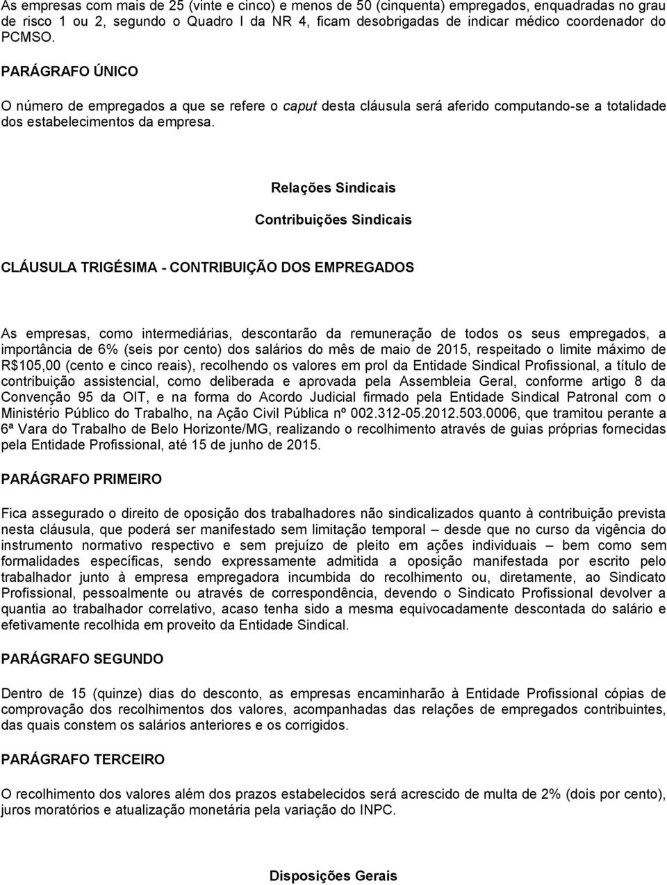 Relações Sindicais Contribuições Sindicais CLÁUSULA TRIGÉSIMA - CONTRIBUIÇÃO DOS EMPREGADOS As empresas, como intermediárias, descontarão da remuneração de todos os seus empregados, a importância de