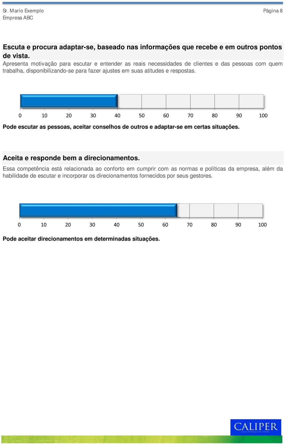 atitudes e respostas. Pode escutar as pessoas, aceitar conselhos de outros e adaptar-se em certas situações. Aceita e responde bem a direcionamentos.