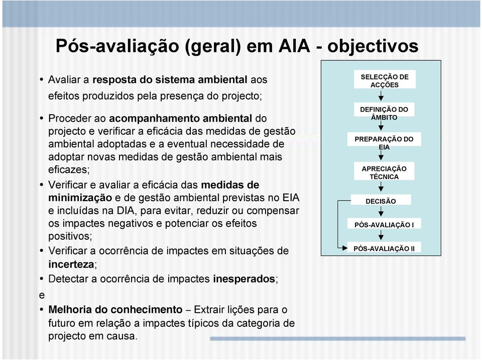 gestão ambiental previstas no EIA e incluídas na DIA, para evitar, reduzir ou compensar os impactes negativos e potenciar os efeitos positivos; Verificar a ocorrência de impactes em situações de