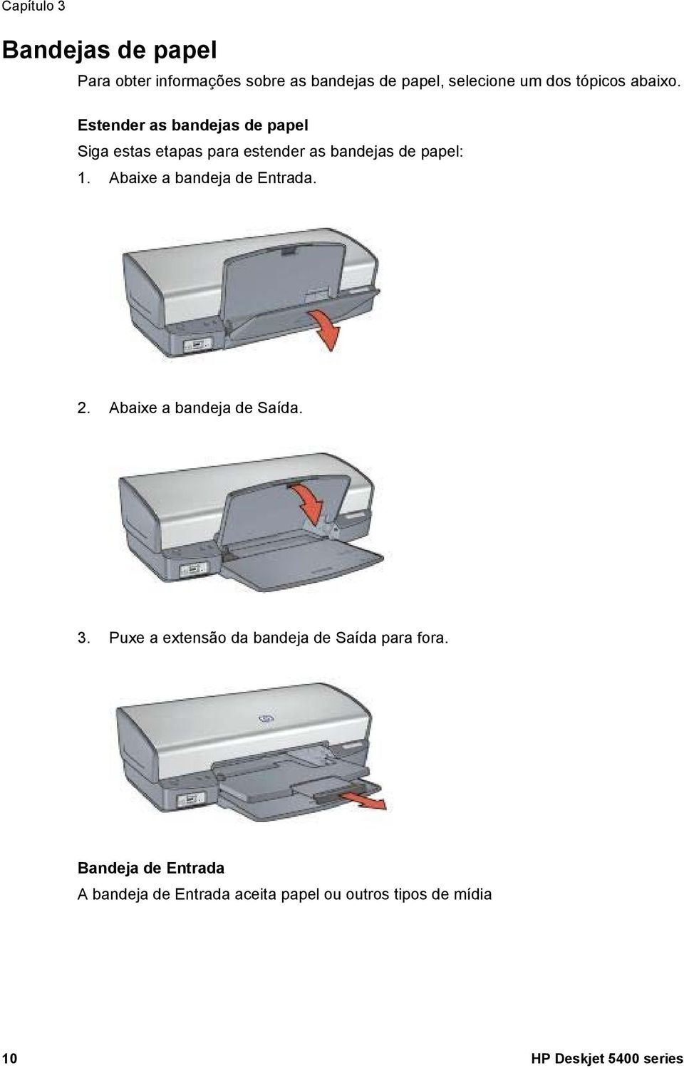 Abaixe a bandeja de Entrada. 2. Abaixe a bandeja de Saída. 3.