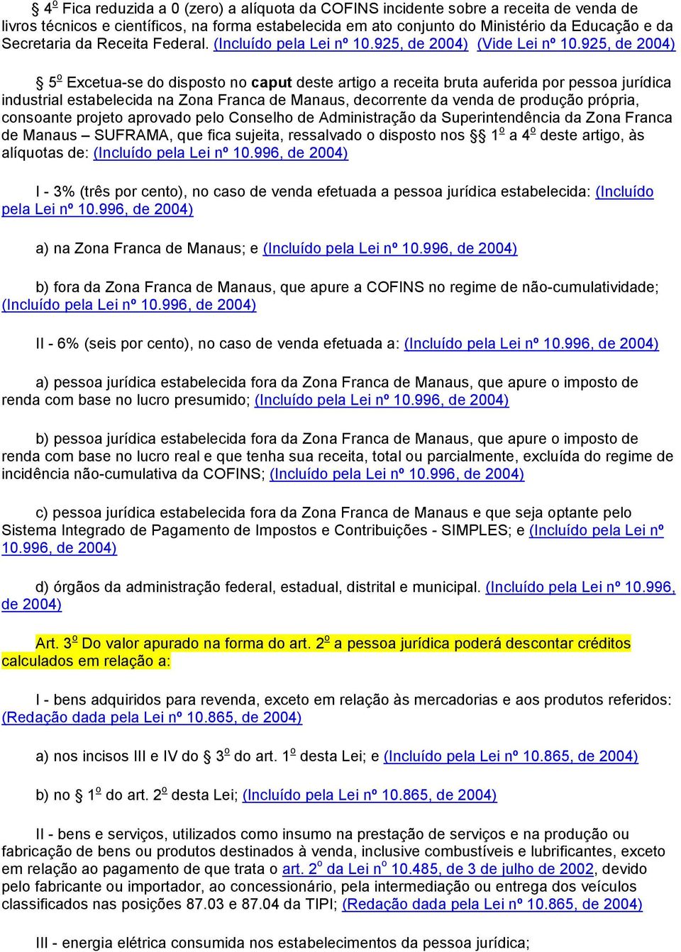 925, de 2004) 5 o Excetua-se do disposto no caput deste artigo a receita bruta auferida por pessoa jurídica industrial estabelecida na Zona Franca de Manaus, decorrente da venda de produção própria,