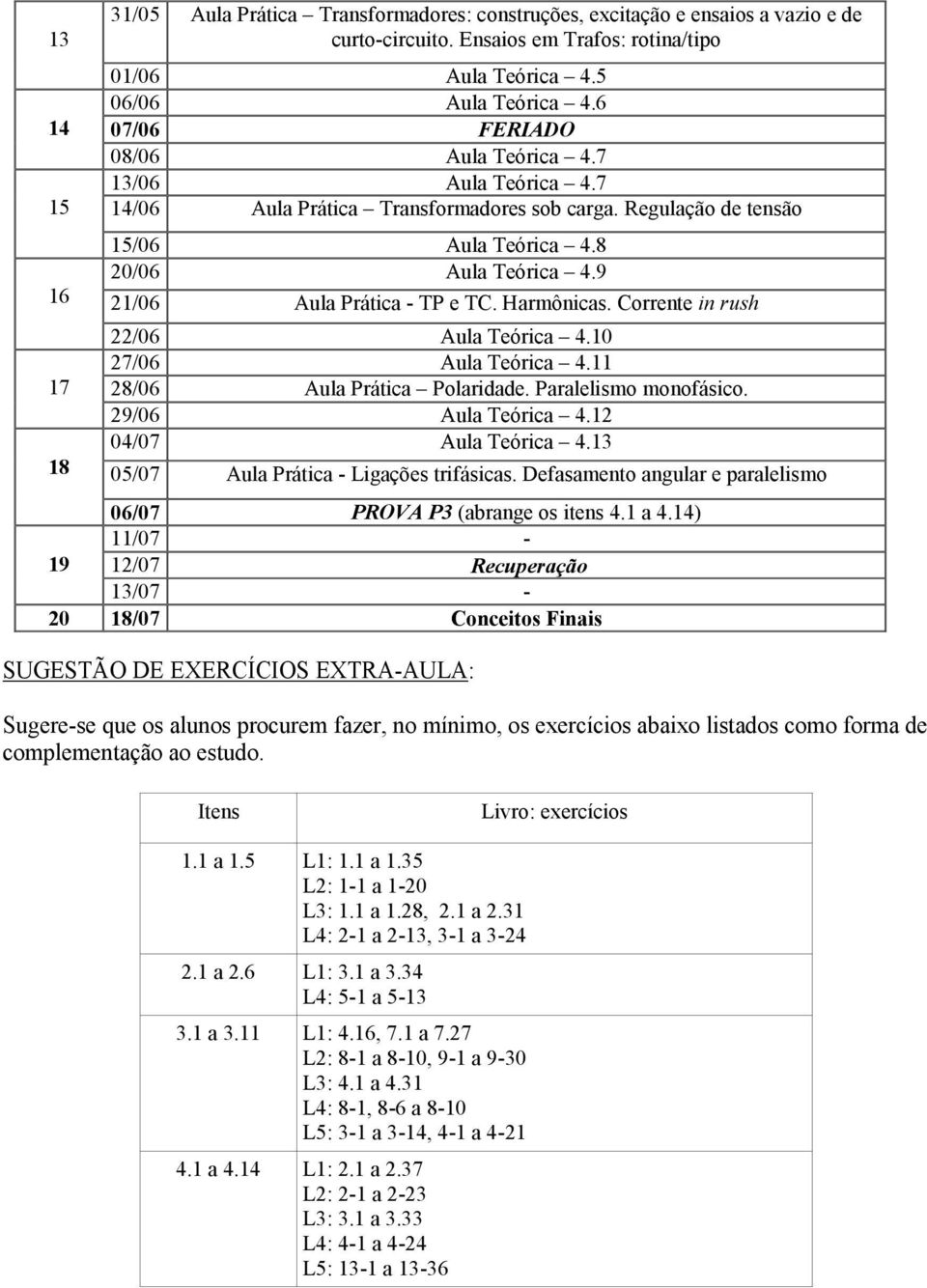 9 21/06 Aula Prática - TP e TC. Harmônicas. Corrente in rush 22/06 Aula Teórica 4.10 27/06 Aula Teórica 4.11 28/06 Aula Prática Polaridade. Paralelismo monofásico. 29/06 Aula Teórica 4.