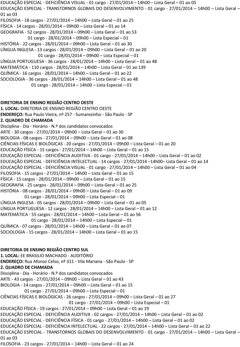 28/01/2014 09h00 Lista Especial 01 HISTÓRIA - 22 cargos - 28/01/2014 09h00 Lista Geral 01 ao 30 LÍNGUA INGLESA - 13 cargos - 28/01/2014 09h00 Lista Geral 01 ao 20 01 cargo - 28/01/2014 09h00 Lista