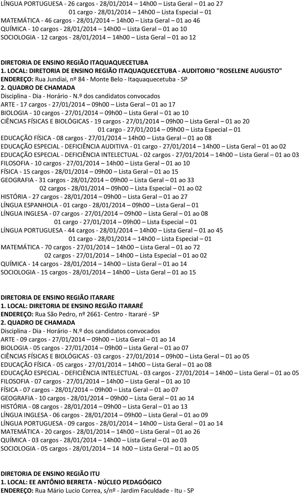 LOCAL: DIRETORIA DE ENSINO REGIÃO ITAQUAQUECETUBA - AUDITORIO "ROSELENE AUGUSTO" ENDEREÇO: Rua Jundiai, nº 84 - Monte Belo - Itaquaquecetuba - SP ARTE - 17 cargos - 27/01/2014 09h00 Lista Geral 01 ao