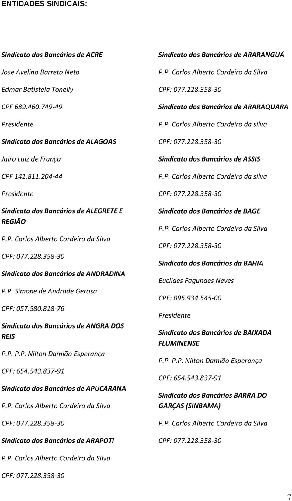 818-76 Sindicato dos Bancários de ANGRA DOS REIS Sindicato dos Bancários de APUCARANA Sindicato dos Bancários de ARAPOTI Sindicato dos Bancários de ARARANGUÁ Sindicato dos Bancários de